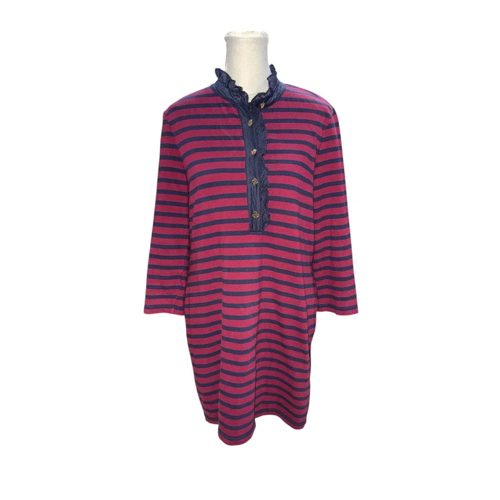 Tory Burch Striped Ruffle Collar T-Shirt Dress Burgundy Navy Blue Cotton Medium